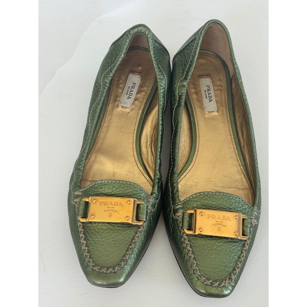 Prada Metallic Olive Leather Plaque‎ Loafers EU 36 Vintage Y2K Made Italy - Picture 4 of 15